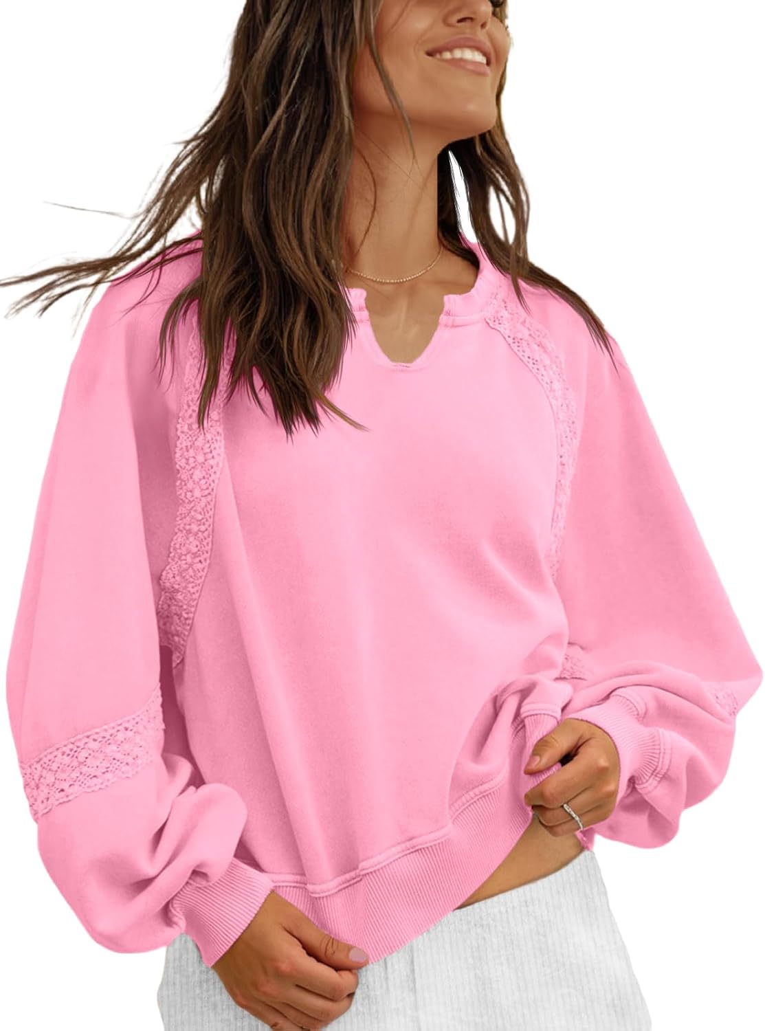 Womens Oversized Sweatshirts V Neck Lace Crochet Lantern Long Sleeve Pullover Cropped Tops Fall Outfits Clothes