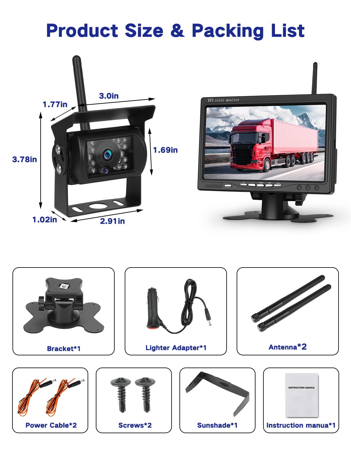 Rückfahrkamera Kabellos Set mit 7" HD Rear View Monitor, IP68 wasserdichte Auto Rückfahrkamera Funk,HD Monitor, Nachtsicht, Weitwinkel,Stabilem Signal,für Wohnmobil Wohnwagen Anhänger LKW