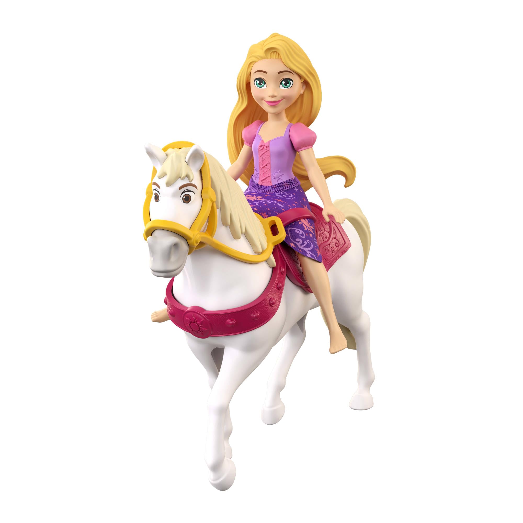 Mattel Disney Princess Księżniczka Disneya Roszpunka Zestaw 4-pak, 3 małe lalki – Roszpunka, Flynn Rajtar, Matka Gertruda oraz figurka koń Maksimus z siodłem, zabawki dla dzieci 3+, JHG85