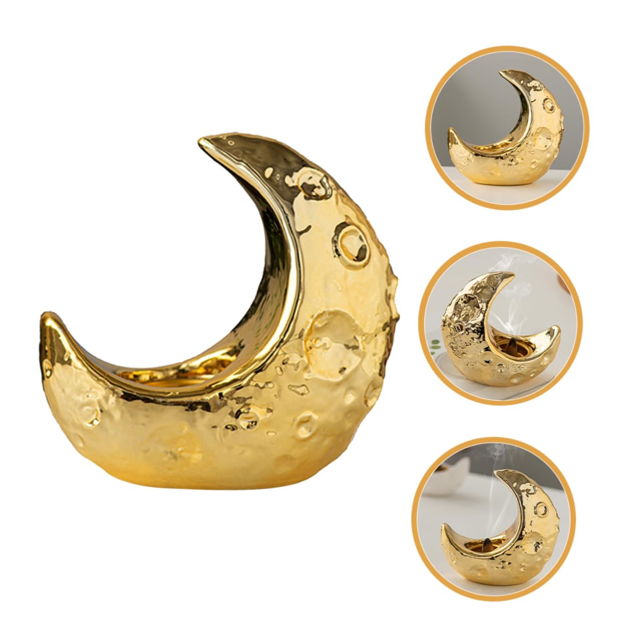 Eleganter Keramischer Mond Räucherstäbchenhalter für Aromatherapie | Goldfarbenes Design, für Zuhause und Saunaraum, Kunstvolle Form, Langlebige Verarbeitung