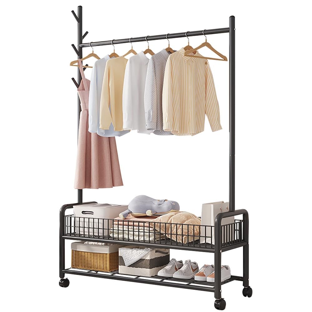 FGXHHS Industrial Coat Rack Stand with Shoe Storage, Steel Frame Hall Tree Hooks & Shelves, Mobile Clothes on Castors, 90/120CMx35CMx176CM, 100kg Capacity for Hallway