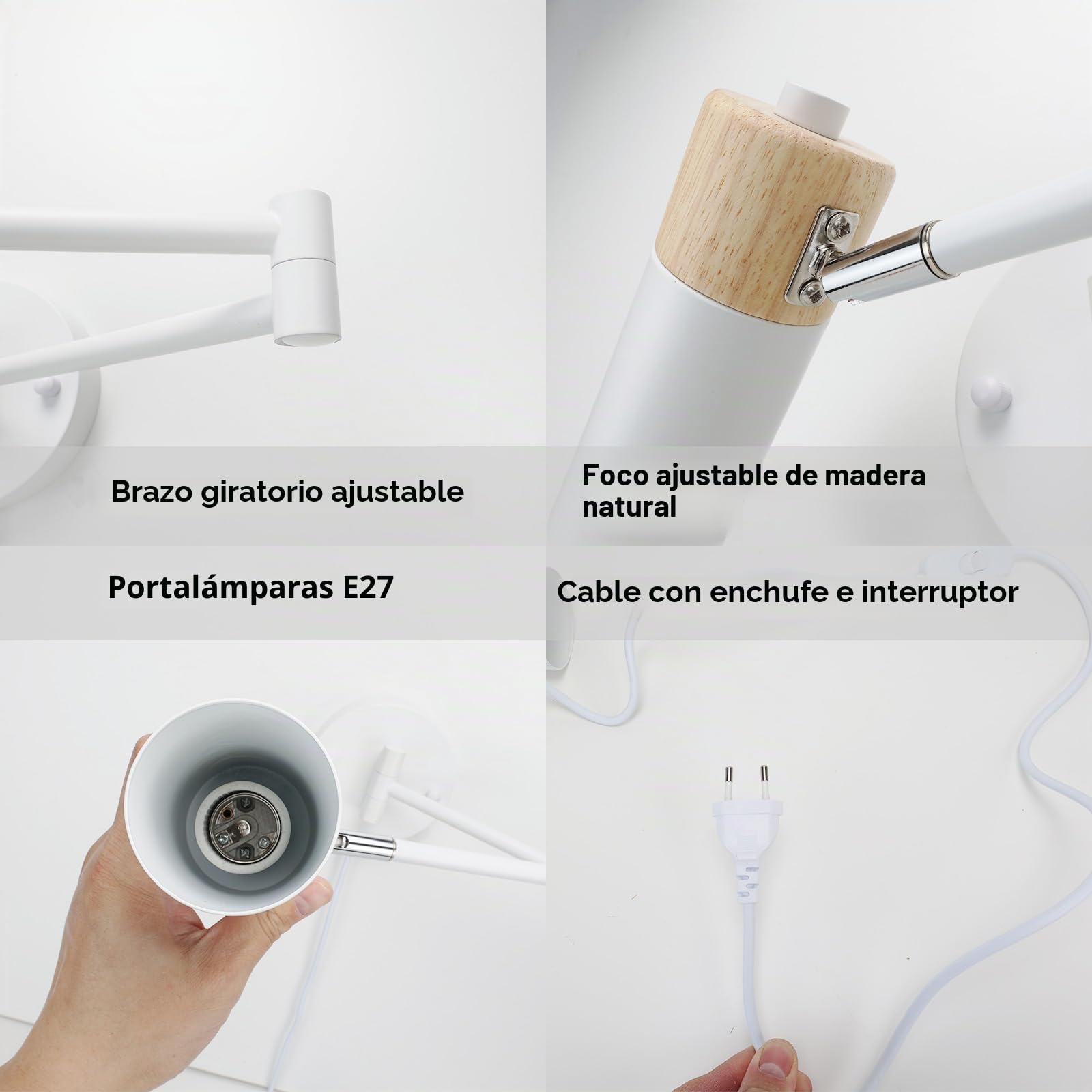 Alpinaluz Aplique de Pared con Madera Natural, Brazo Extensible, Foco E27 Blanco Orientable 360º, Cable con Enchufe e Interruptor, Diseño Nórdico Moderno
