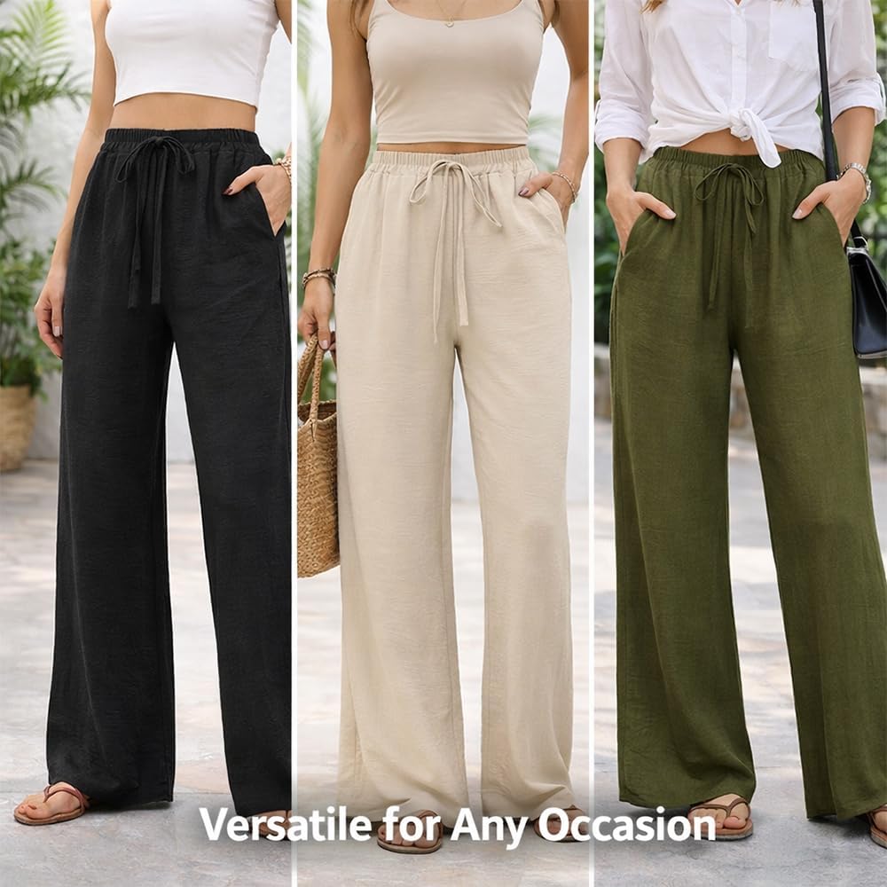Women Wide Leg Linen Pants with Drawstring Elastic Waist Flowy Palazzo Beach Trousers with Pockets - Image 3