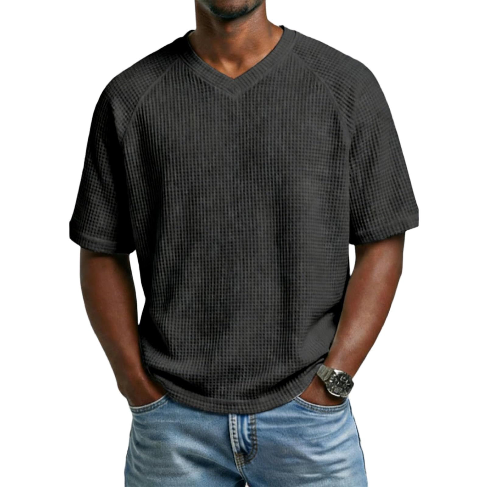 T-Shirts à Manches Courtes Homme Gaufre Chemise Uni Décontracté- Col en V - Confortable et Respirant- Classique - Solide - T-Shirt Tendance pour Homme - 4