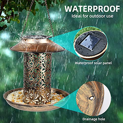 IWNTWY Solar Bird Feeder, Heavy Duty Copper Outdoor Hanging Wild Birdfeeder with Light for Outside Garden Yard Backyard Decoration