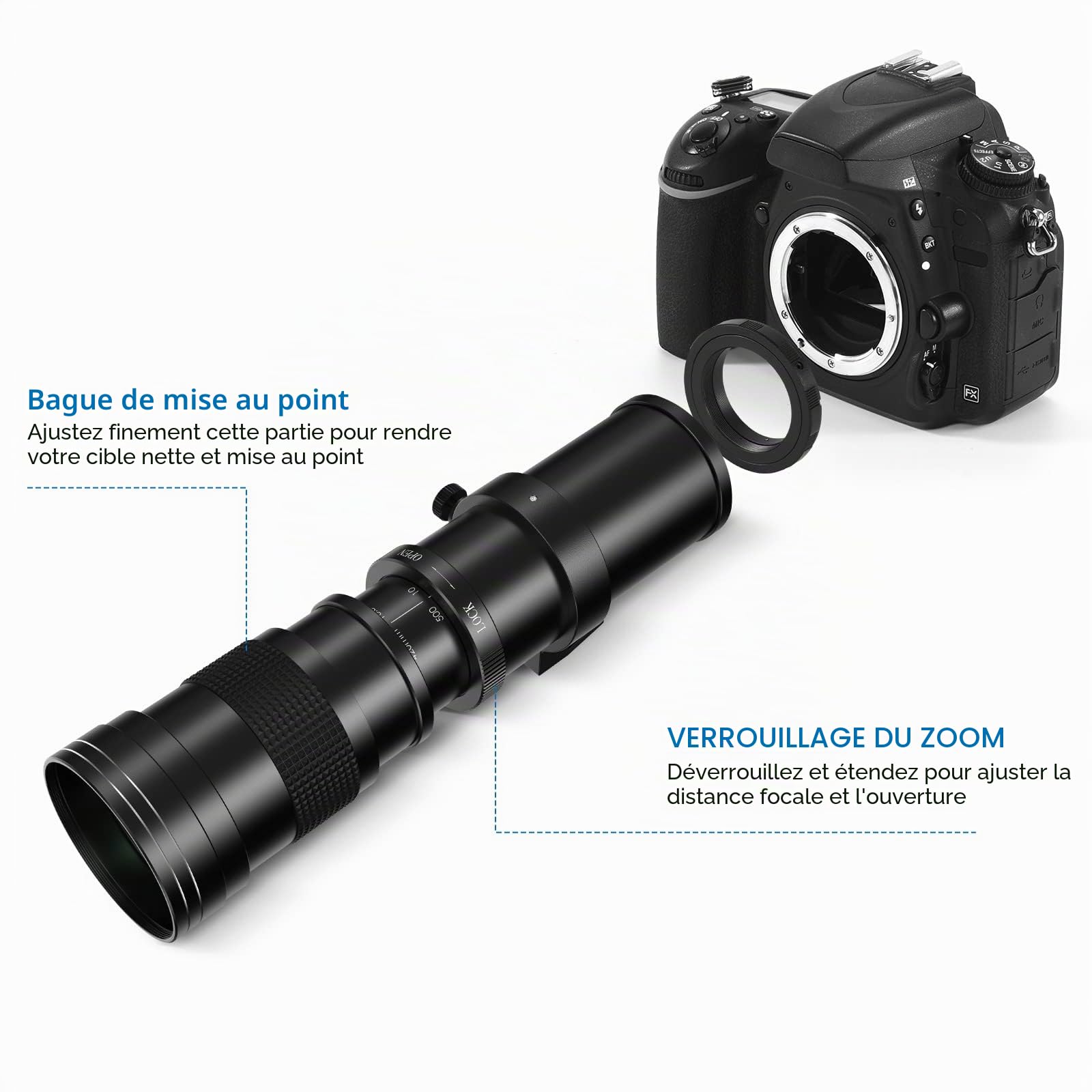 Lightdow 420-800mm f/8.3-16 Téléobjectif pour Canon EF/EF-S Manuel avec Anneau en T