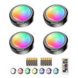 Puck Lights with Remote,7 Colors Under Cabinet Lighting Wireless,Battery Operated RGB LED Lights Dimmable, Push Lights for Closet,Kitchen,Under Counter Lights Bar Display Shelf (4pack)