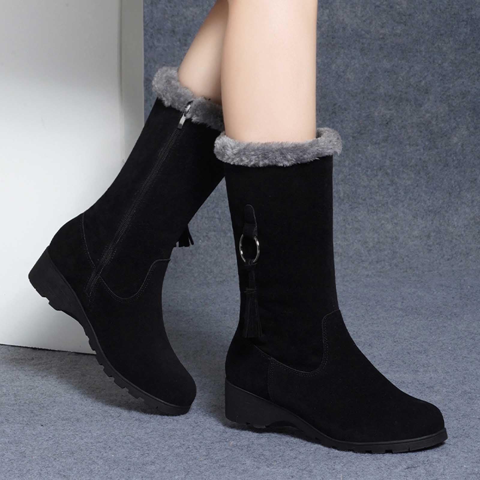 Bottes de Neige Femme Fourrées Mi-Mollet à Petit Talon Bottes Femme Hiver Chaudes en Daim Botte de Neige Confort avec Fermeture Éclair Latérale Snow Boots Chaussure Imperméable Chaussures de Randonnée