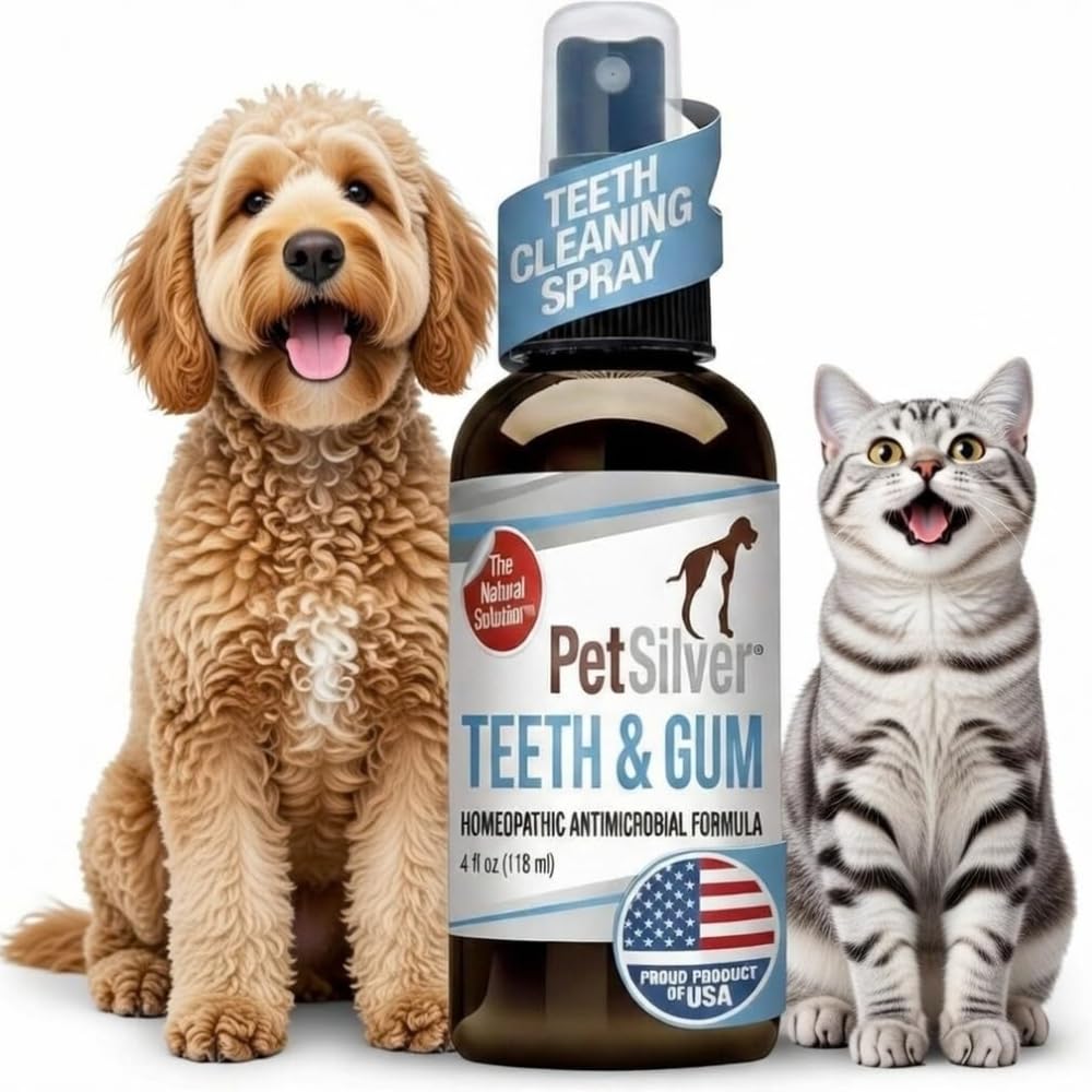 - PetSilver Teeth & Gum Spray - Dog Dental & Teeth Cleaning Spray for Plaque & Tartar Build-Up Reduction - Natural Breath Freshener for Dogs and Cats - Patented Chelated Silver - Made in The USA - 4 oz