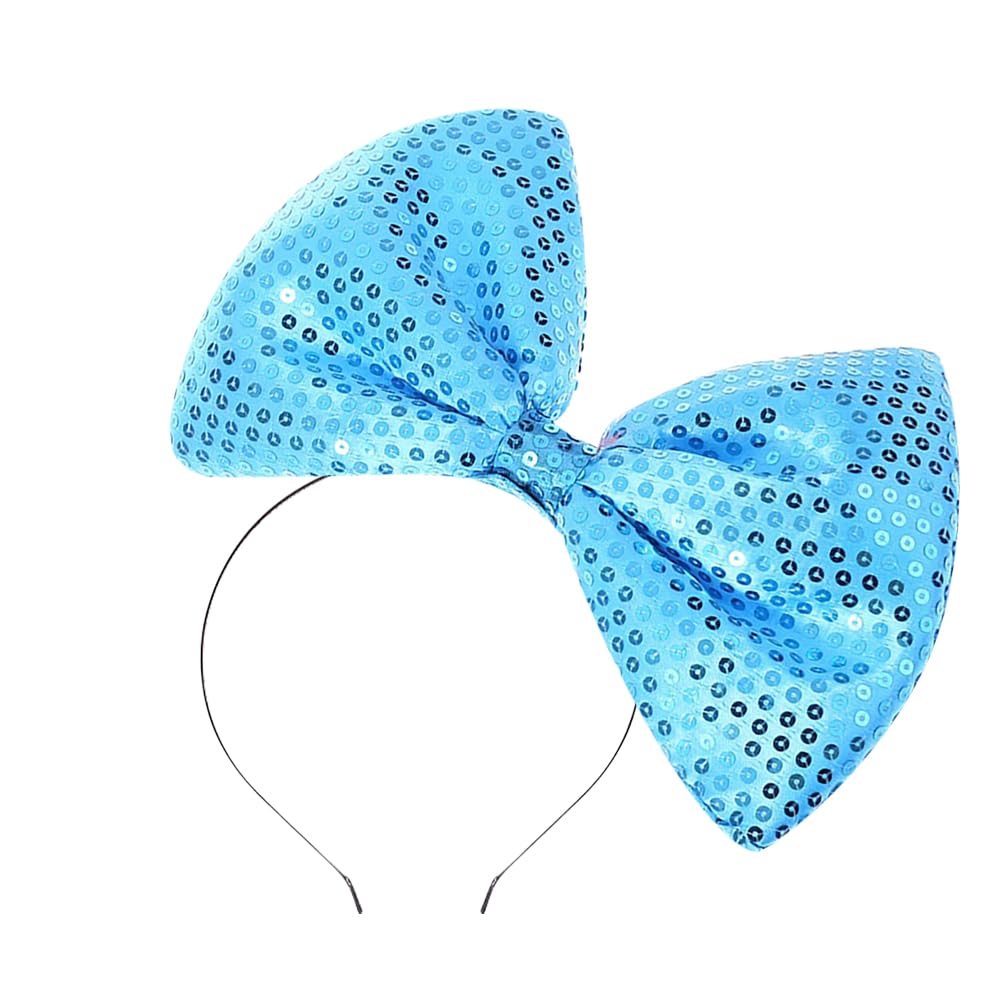 HugeDE Sequin Bow Headband Glitter Bowknot Hairband Big Sparkle Hair Band Bling Shiny Headband Large Bow Hair Hoop Sparkly Hair Accessories Metallic Headpieces Blue