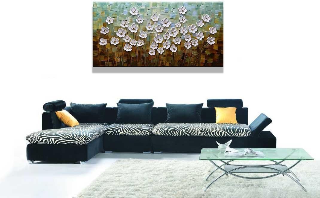 Asdam Art 100% Hand Painted 3D Paintings On Canvas Ready to Hang White Daisy Flower Oil Paintings Abstract Landscape Artwork Wall Art for Living Room Bedroom (24X48 inch)