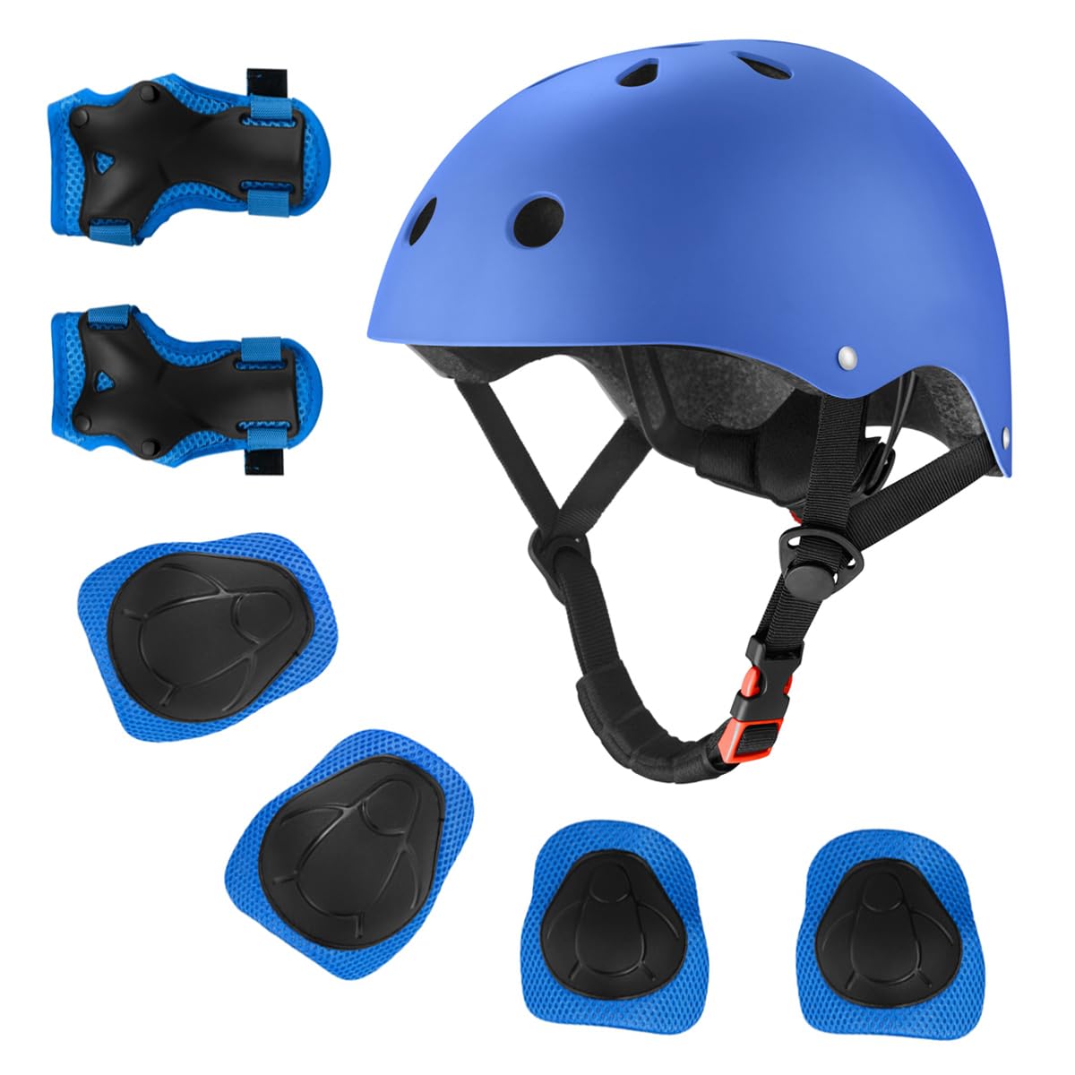 Casco de bicicleta para niños de 2 a 14 años, casco de seguridad ajustable con equipo de protección, cascos de monopatín con rodilleras, coderas, muñequeras (azul, S (para edades de 2 a 8 años)