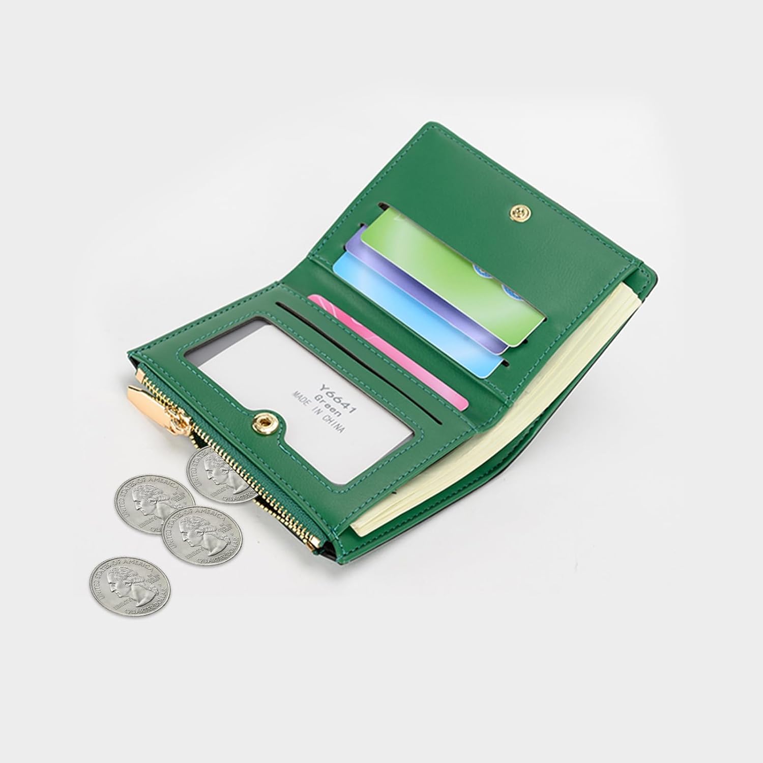 Slim Genuine Leather Wallet for Women Bifold/Trifold Compact with Zipper Pocket Black (Green)