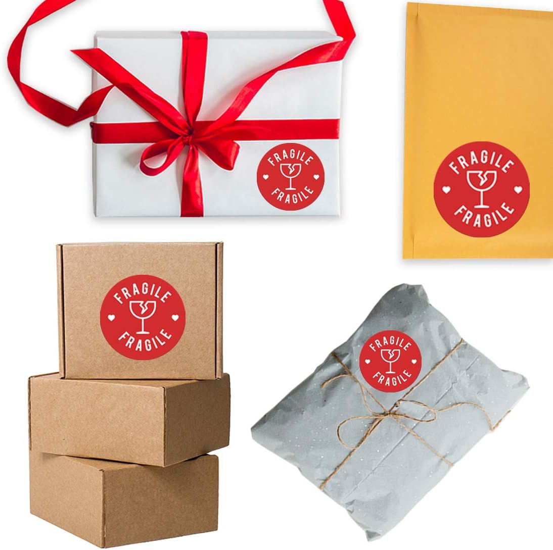 Andaz Press Round Small Business Sticker Labels, 120-Pack, Red Fragile Glass, Packaging Stickers Adhesive Shipping and Mailing Seals for Envelopes, Boxes, Retail Packaging
