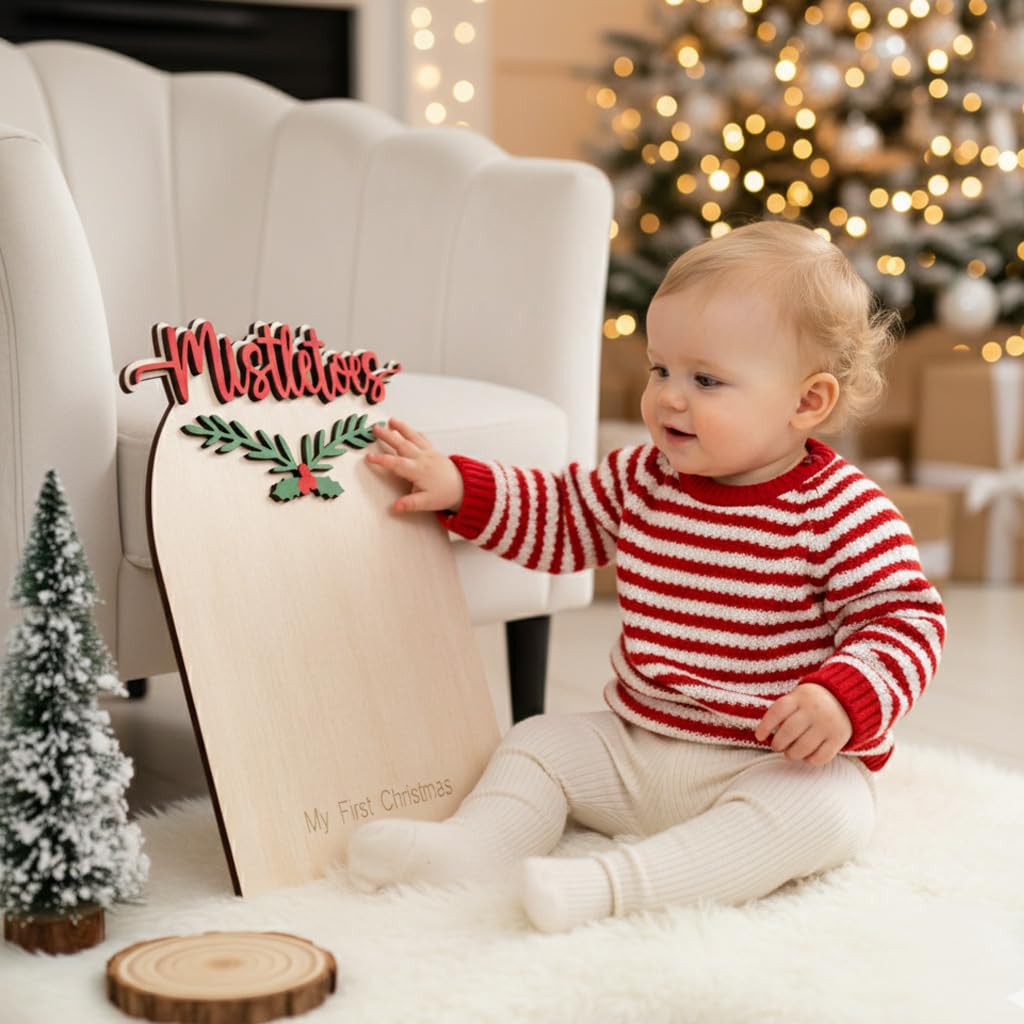 My First Christmas Milestone Signs, 8'' Baby's First Christmas Footprint, Mistletoes Baby Footprint, Xmas Decorations for Newborn Photography Props (Mistletoes 01)
