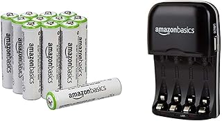 Amazon Basics AAA Pre-Charged Rechargeable Batteries 800 mAh [Pack of 12] (Packaging may vary) & Ni-MH AA & AAA Battery Charger With USB Port