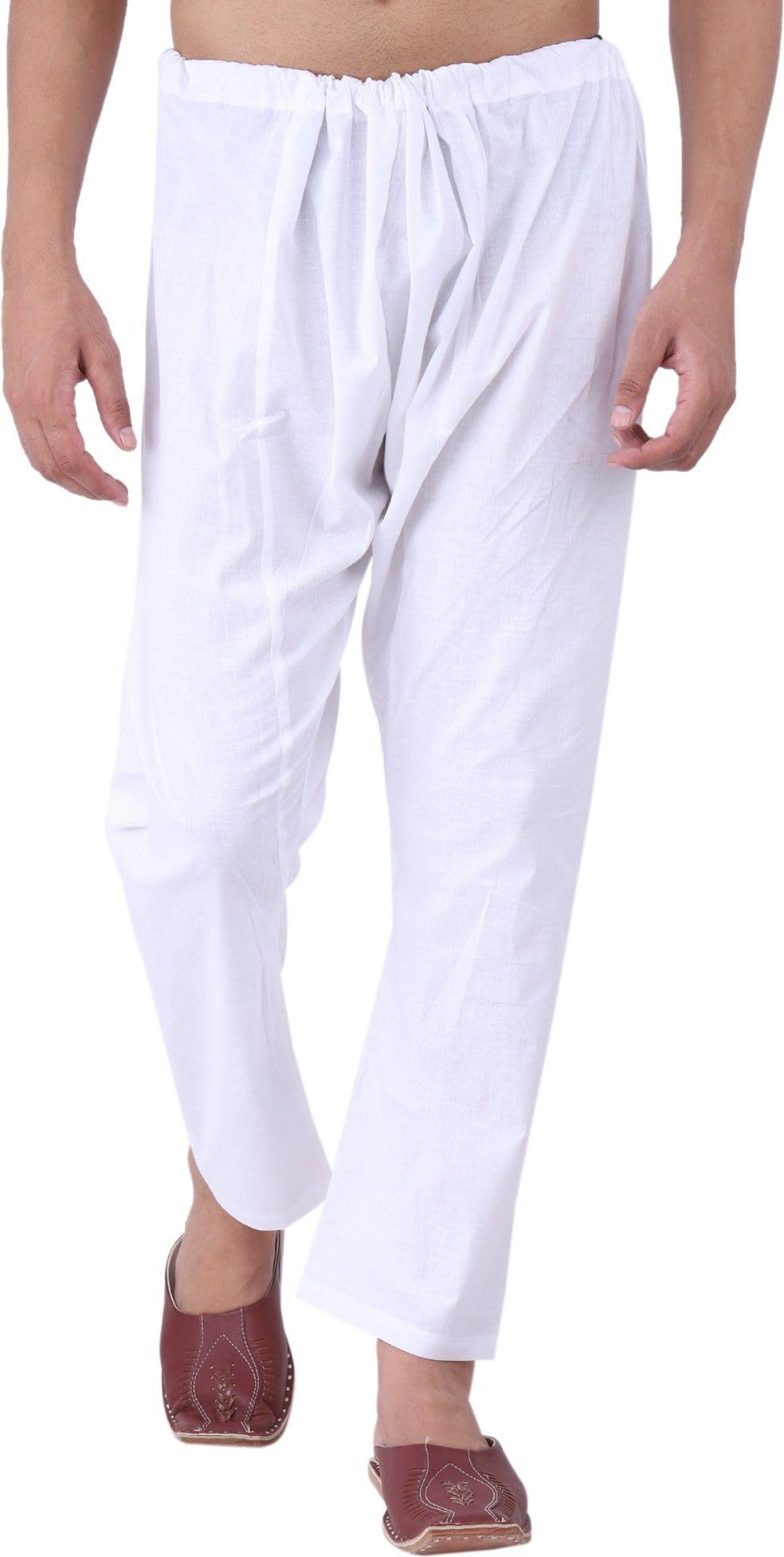 Men Pyjama – White Cotton Blend Churidar Pyjama | Plain Saada Loose Fit Pajama for Daily, Casual & Home Wear | Free Size Comfortable Mens Lounge Bottoms