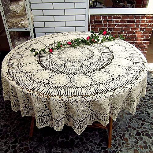USTIDE 180cm Round Cotton Crochet Lace Tablecloth Beige Vintage Woven Dining Kitchen Table Cover, 70.9 inch (Round)