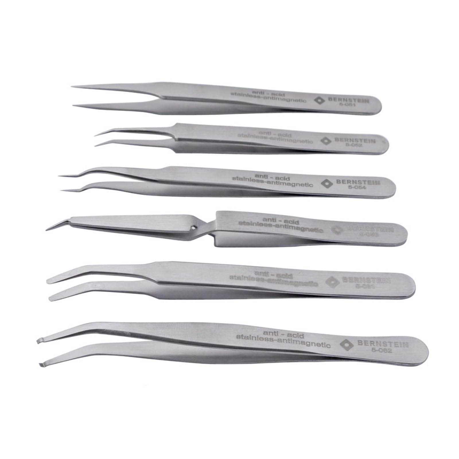 BERNSTEIN Präzisions-Pinzetten Set 6-teilig inkl. SMD- Pinzetten Set für Feinmechanik aus antimagnetischem, rostfreiem Edelstahl