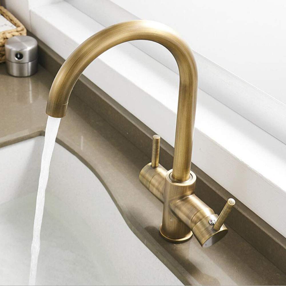 BOAOTX 3-Way Kitchen Tap for Water Filter Drinking Water Tap 360° Rotatable Sink Mixer Tap 2 Levers 3-in-1 Mixer Tap Sink Fitting Antique Brass