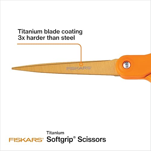 Miniatura 3 de Fiskars SoftGrip Tijeras de titanio multiusos, tijeras de mango recto de 8 pulgadas para oficina, arte y manualidades, color naranja