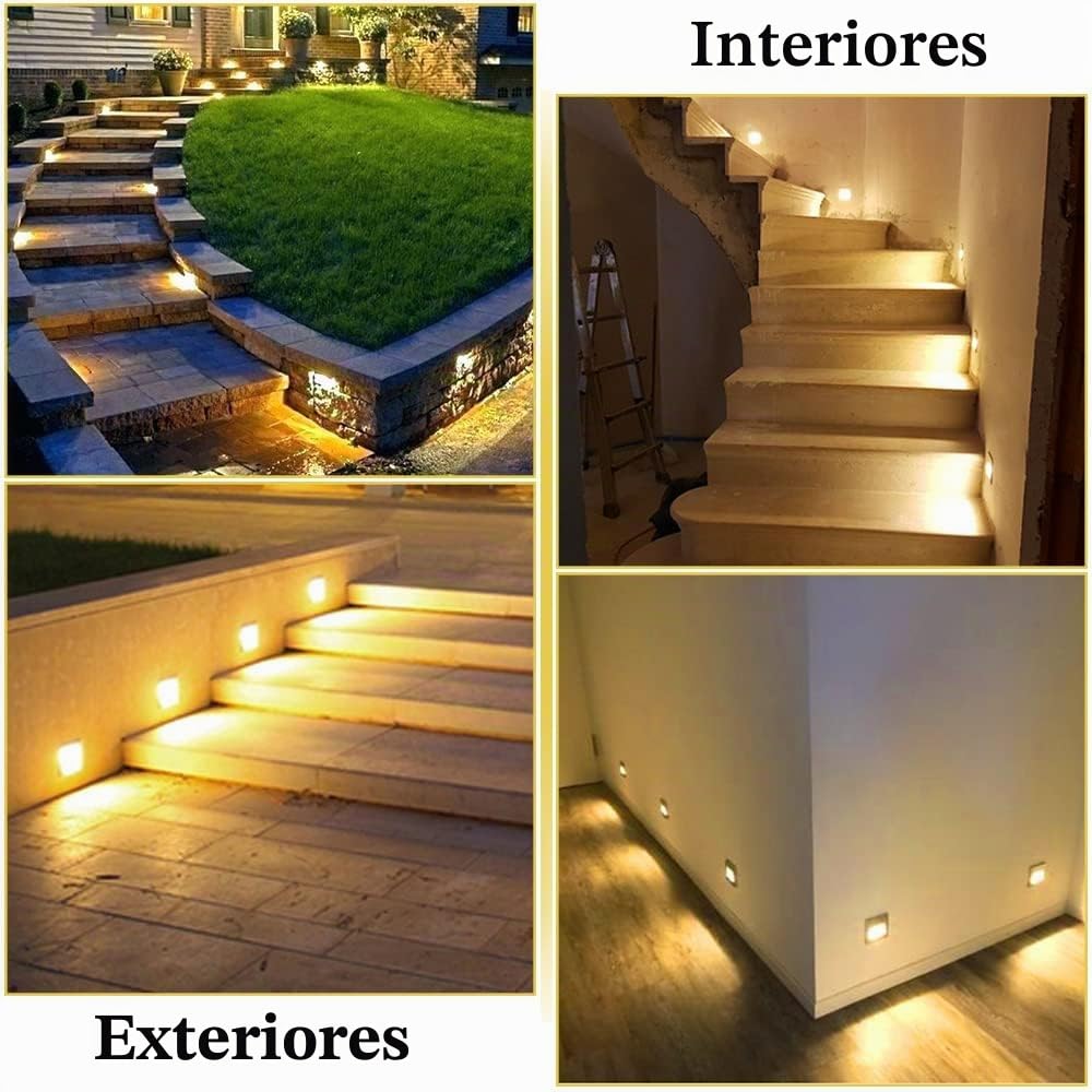Juego de 4 luces LED empotrables para escaleras, aluminio, 3 W, 230 V, luz blanca cálida, iluminación exterior con detector de movimiento, lámpara de pared, IP65, resistente al agua