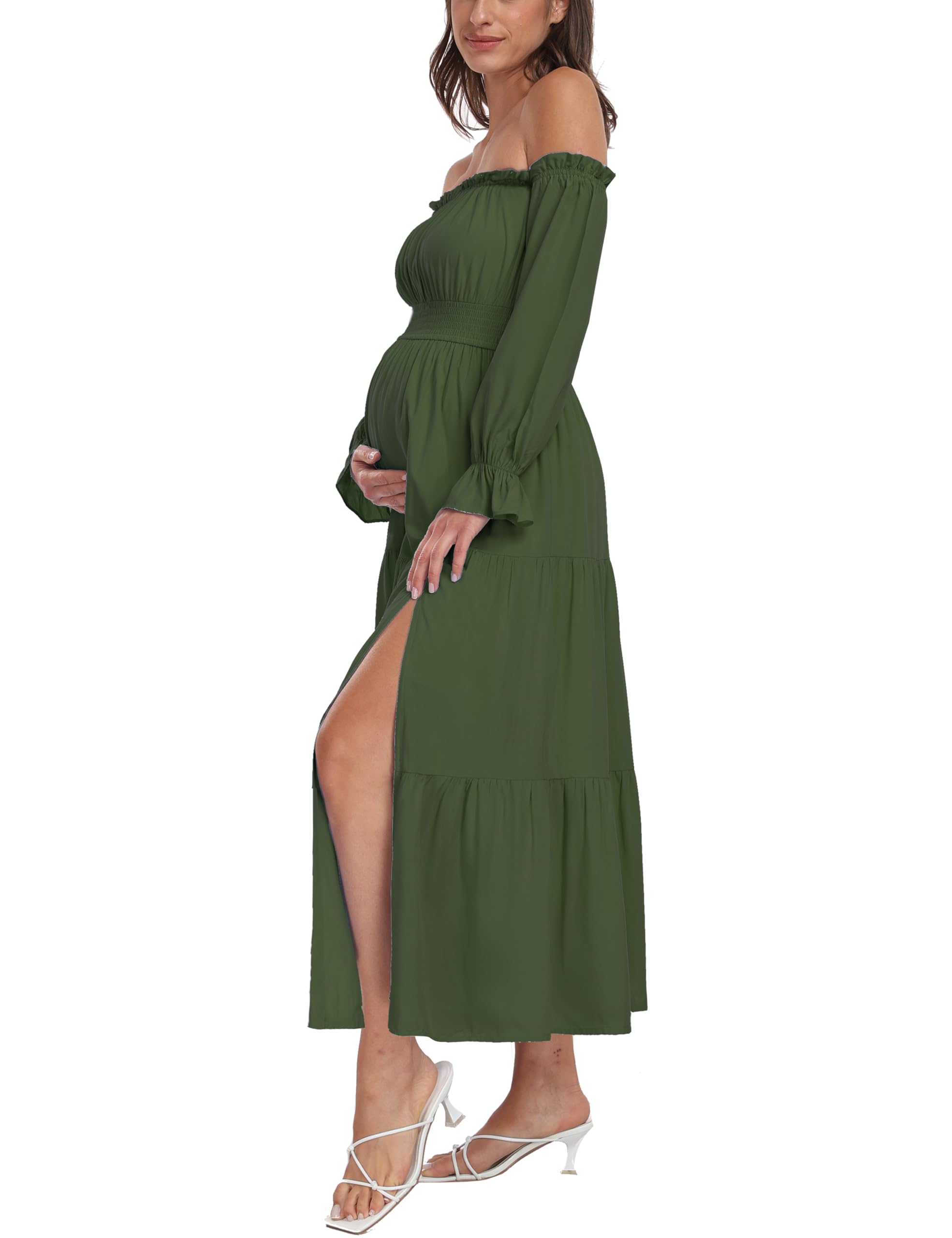 Umstandskleid im Boho-Stil, schulterfrei, lange Ärmel, Seitenschlitz, fließendes Maxikleid in A-Linie mit Stufenrock für Babyparty und Schwangerschaftsfotos