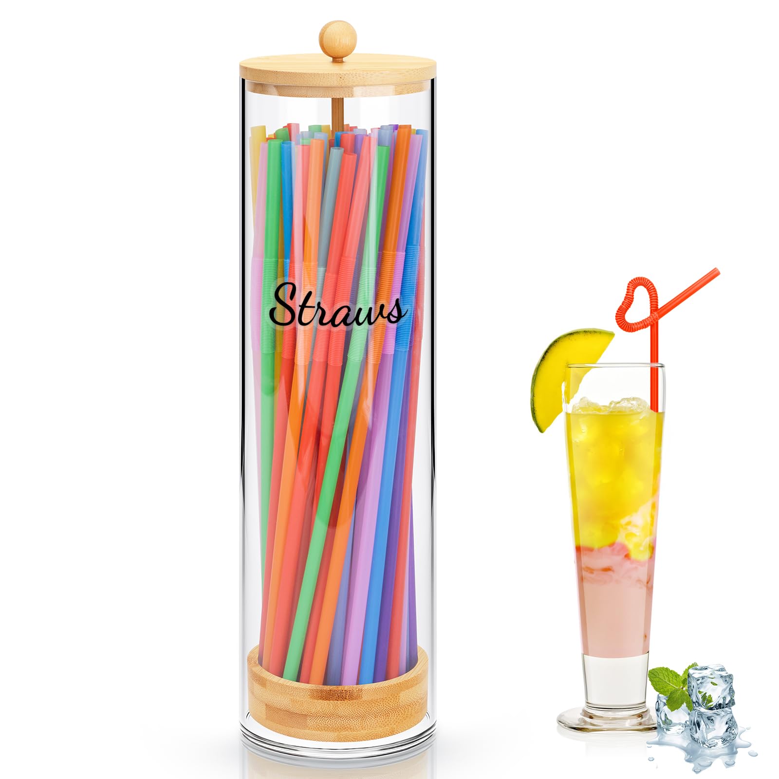 Acrylic Straw Holder 100 Pcs Colored Straws Includ, 13 Inch Clear Drinking Straw Organizer Container with Bamboo Lid & Sticker for Plastic Straws, Straw Organizer for Kitchen