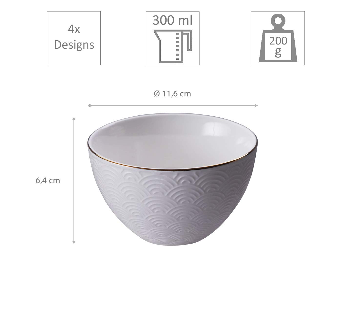 TOKYO design studio Nippon White 4-er Schalen-Set weiß, mit Gold-Rand, Ø 11,6 cm, 6,4 cm hoch, ca. 300 ml, asiatisches Porzellan, Japanisches Design, inkl. Geschenk-Verpackung