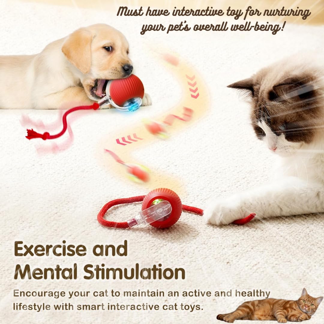 Naturaceutica's Interactive Electric Automatic Rolling Moving Rechargeable Self Play Stimulation Toy,Smart Pet Chase Ball With Speedy Tail Rope For Bored Indoor Cats Enrichment(Red) 1