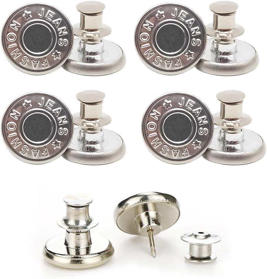 Button pins for Jeans, No Sew and No Tools Instant Jean Button Pins for Pants,4 Sets Replacement Buttons, Simple Installation, Reusable and Adjustable