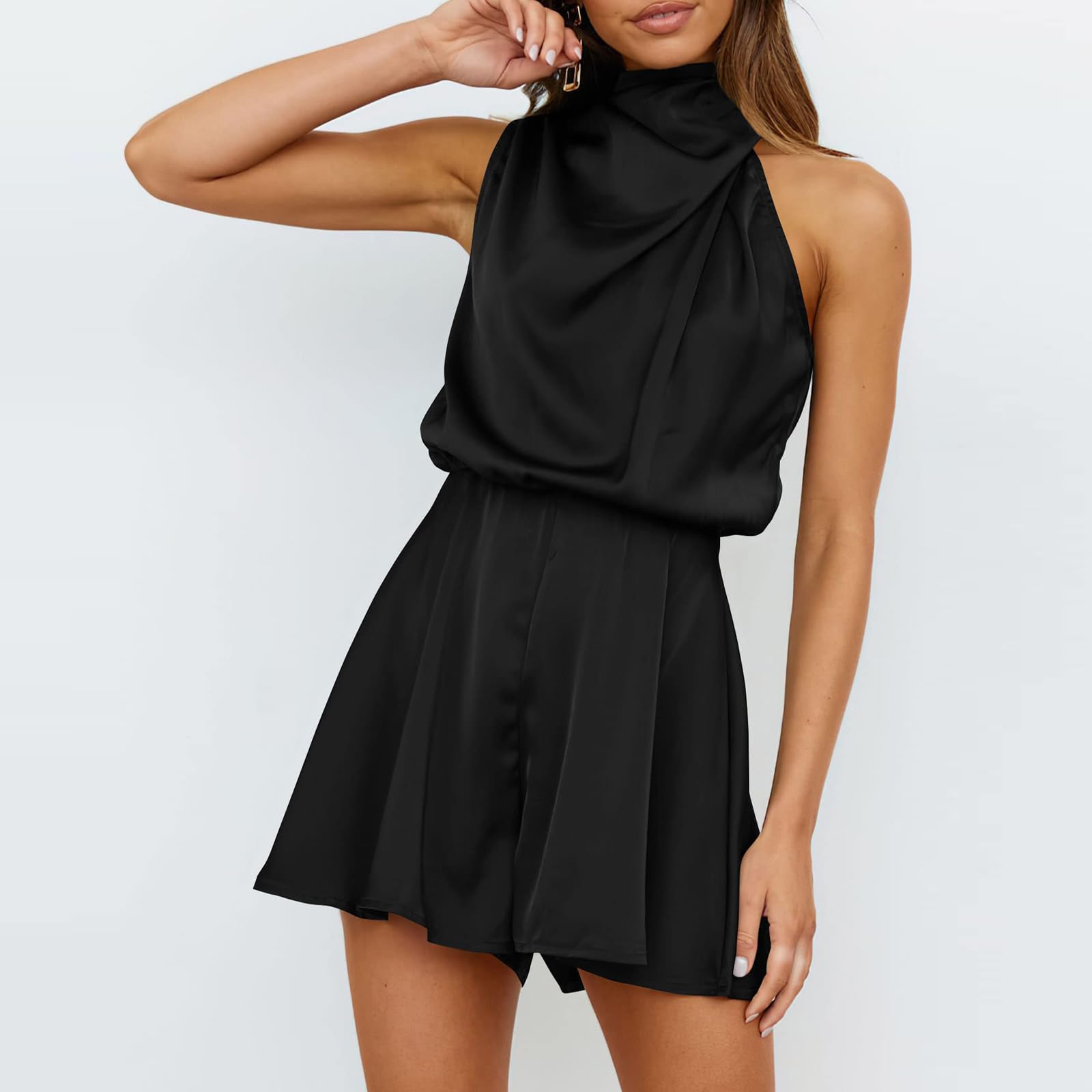 Combinaison Femme Combishort Courte sans Manches Été Col Montant en Satin Élégant Jumpsuits Une Pièce Moulante Loose Casual Rompers Jambes larges Playsuit