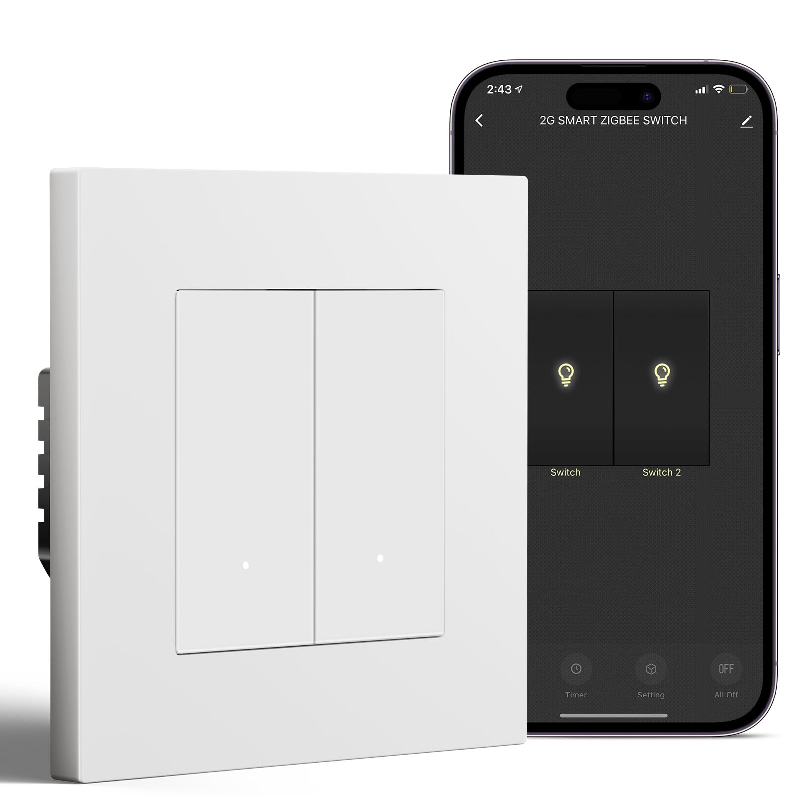 BSEED Smart Interruptor Empotrado 2 Gang 1 Vía Compatible con Alexa/Google Home, WiFi Pulsador de Pared Marco de PC que Funcionan con APP Smart Life/Tuya, Blanco(Requiere Cable Neutro)