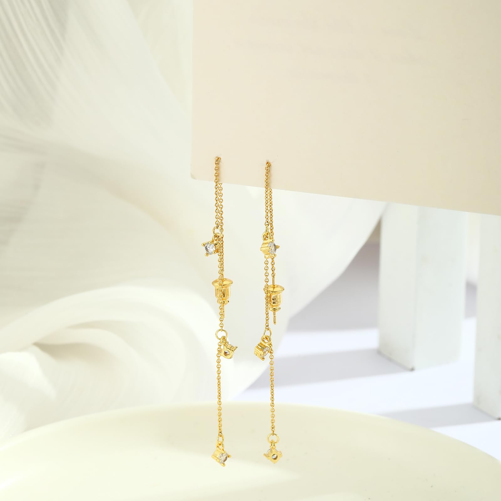 Gold Earrings for Women, Dainty 14K Gold Plated Dangle Earrings for Women Trendy Long Dangle Drop Chain Earring for Sensitive Ears Cute Hypoallergenic Threader Earring Non Tarnish Jewelry Gifts