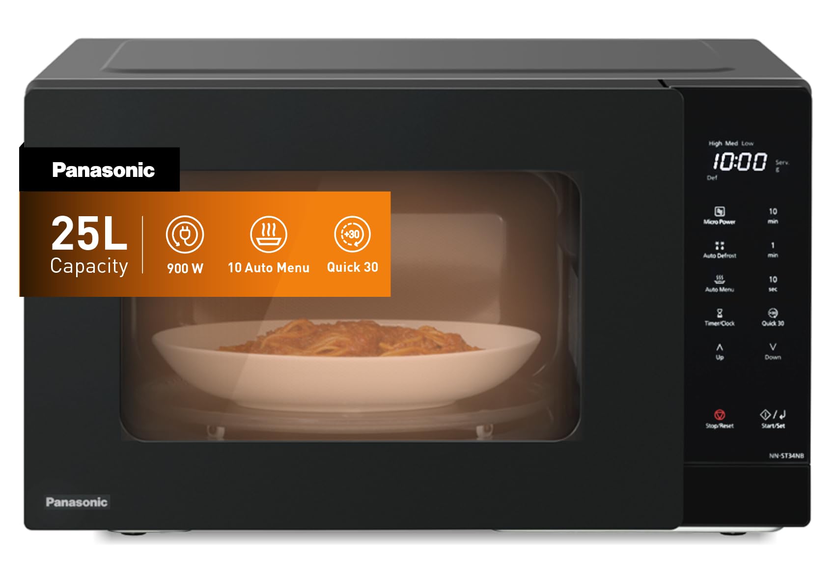 25L Compact Solo Microwave Oven NN-ST34NB,900W Push open, Auto-defrost, Child safety lock, Touch Operation, Quick 30 function, Black, 1 Yr Warranty