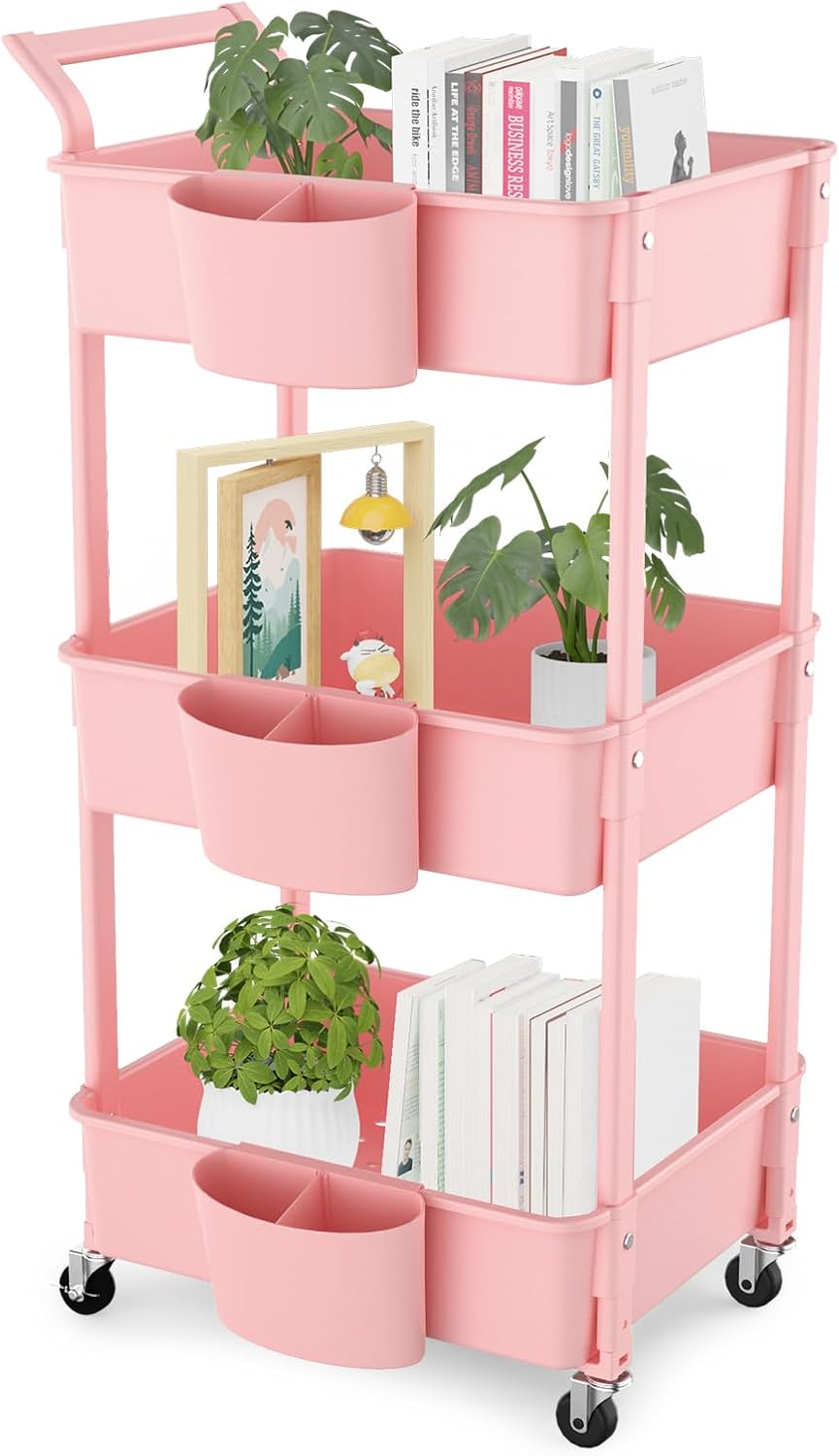 Hamone 3Tier Utility Rolling Cart, Mobile Utility Cart with Lockable Caster Wheels