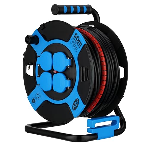 REV Kabeltrommel 50m Outdoor - mit Kabelschutz 4 Schutzkontaktsteckdosen IP44 blau