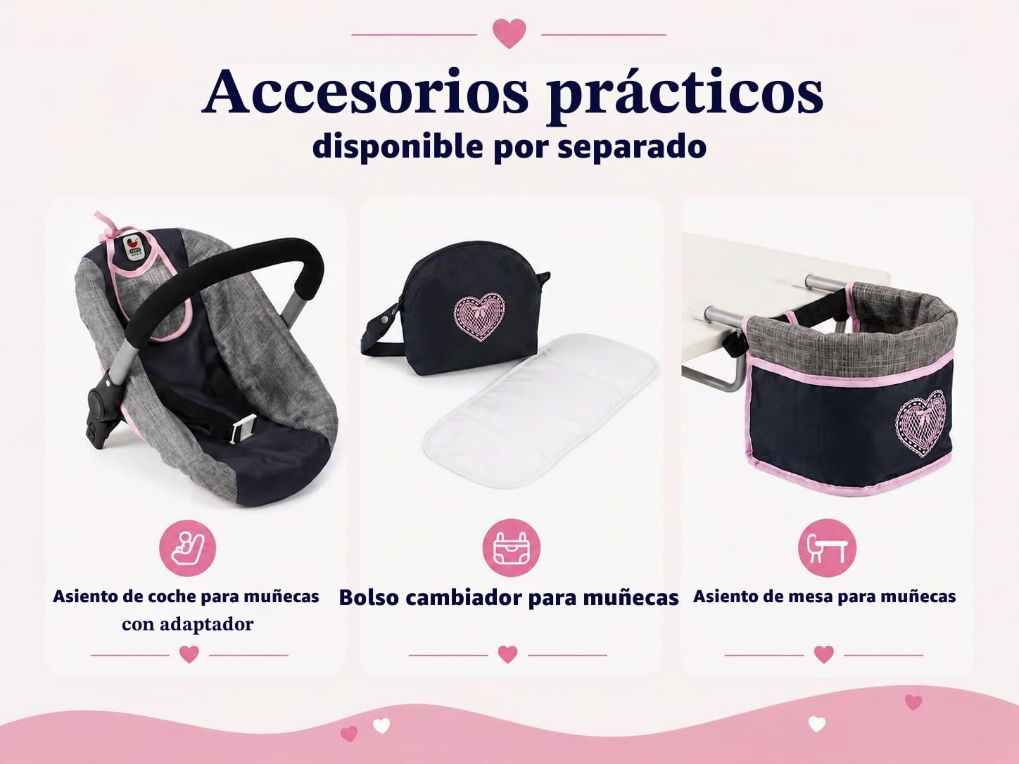Bayer Chic 2000-59526 - Cochecito de muñecas Mika, 2 en 1 para niños de 4 a 8 años, Color Gris Marino, 47 cm-80 cm