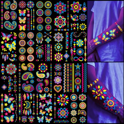 Tatuagens fluorescentes 256 peças – suprimentos de festa luminosos pintura corporal néon UV tatuagens temporárias para adultos adolescentes, 32 folhas acessórios néon detalhes de festa e decorações