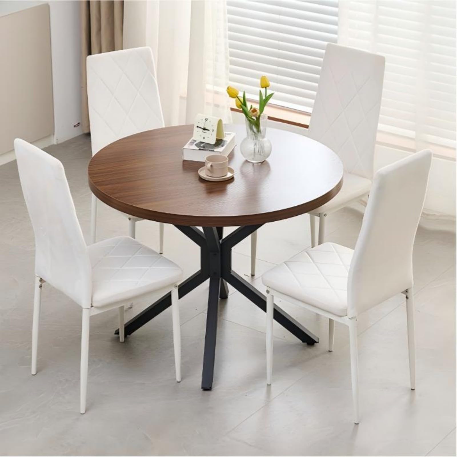 Homullel Round Dining Table and Chairs Set 4 Seater Kitchen Dining Set, 5 Pieces Table & Chairs Dinner Table Set for 4 (Walnut Brown Cross, 4 Seats, White Flannel Argyle Grid)