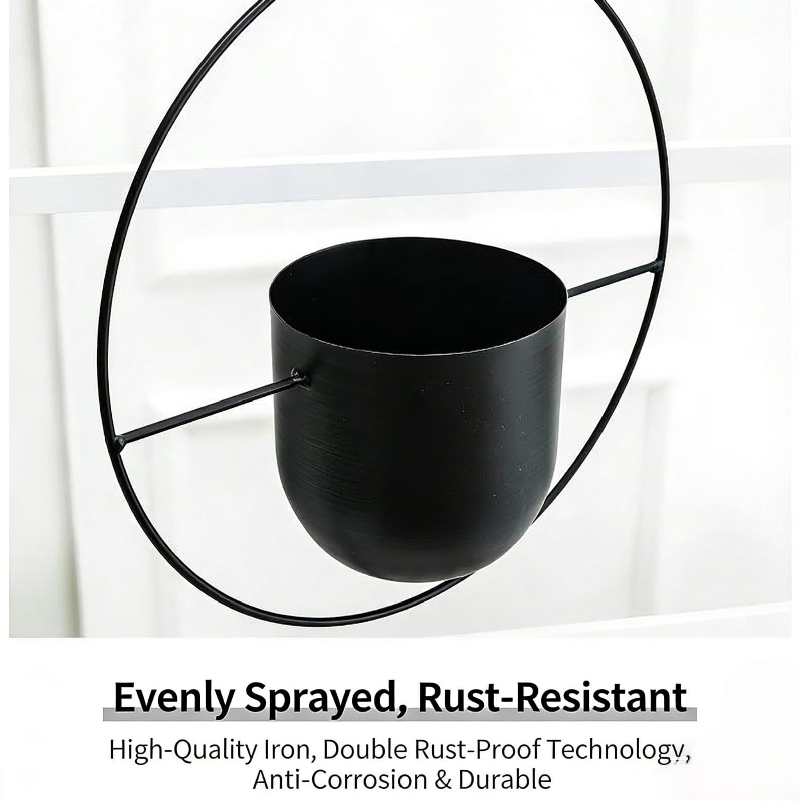 Pot de fleurs suspendu en métal moderne du milieu du siècle avec crochet, chaîne réglable et vis, fer antirouille noir mat pour intérieur et extérieur, pas de fuite pour plantes grasses