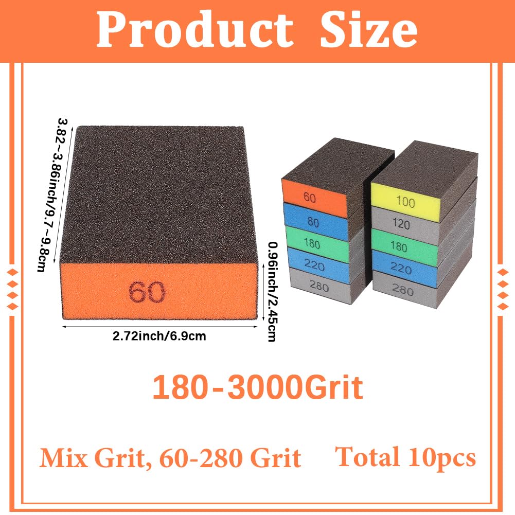 SOFPLATE 10Pcs 60 to 280 Grit Sandpaper Set Polishing Sanding Sponge 3.9 x 2.7 Inch Rectangle Colorful Soft Foam Hand Wet Dry Blocks Tools Pads Sheets for Model Drywall Metal Wood Furniture Polishing - Image 2