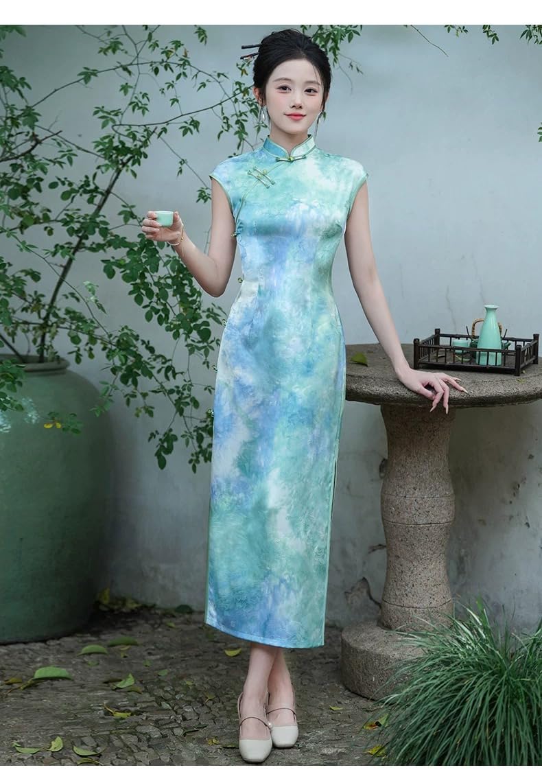 purpleq Elegante Abito Cheongsam Cinese Vintage Stampa Slim Fit Senza Maniche Collo Mandarin Qipao per Feste