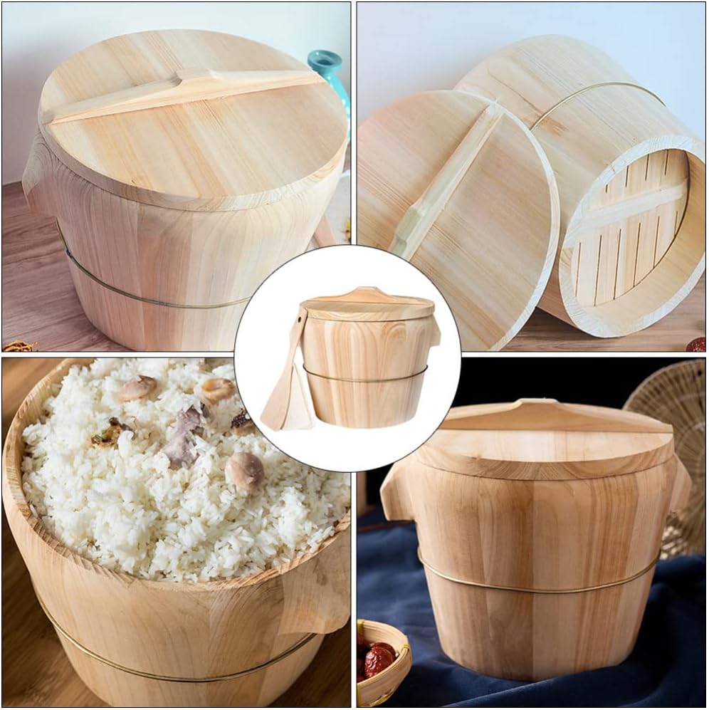 Home Kitchen Wooden Rice Bucket Set with Spoon, Steaming Cloth, and Lid for Evenly Cooked Rice, Light Brown, 8.26 X 6.49 X 6.49 Inches
