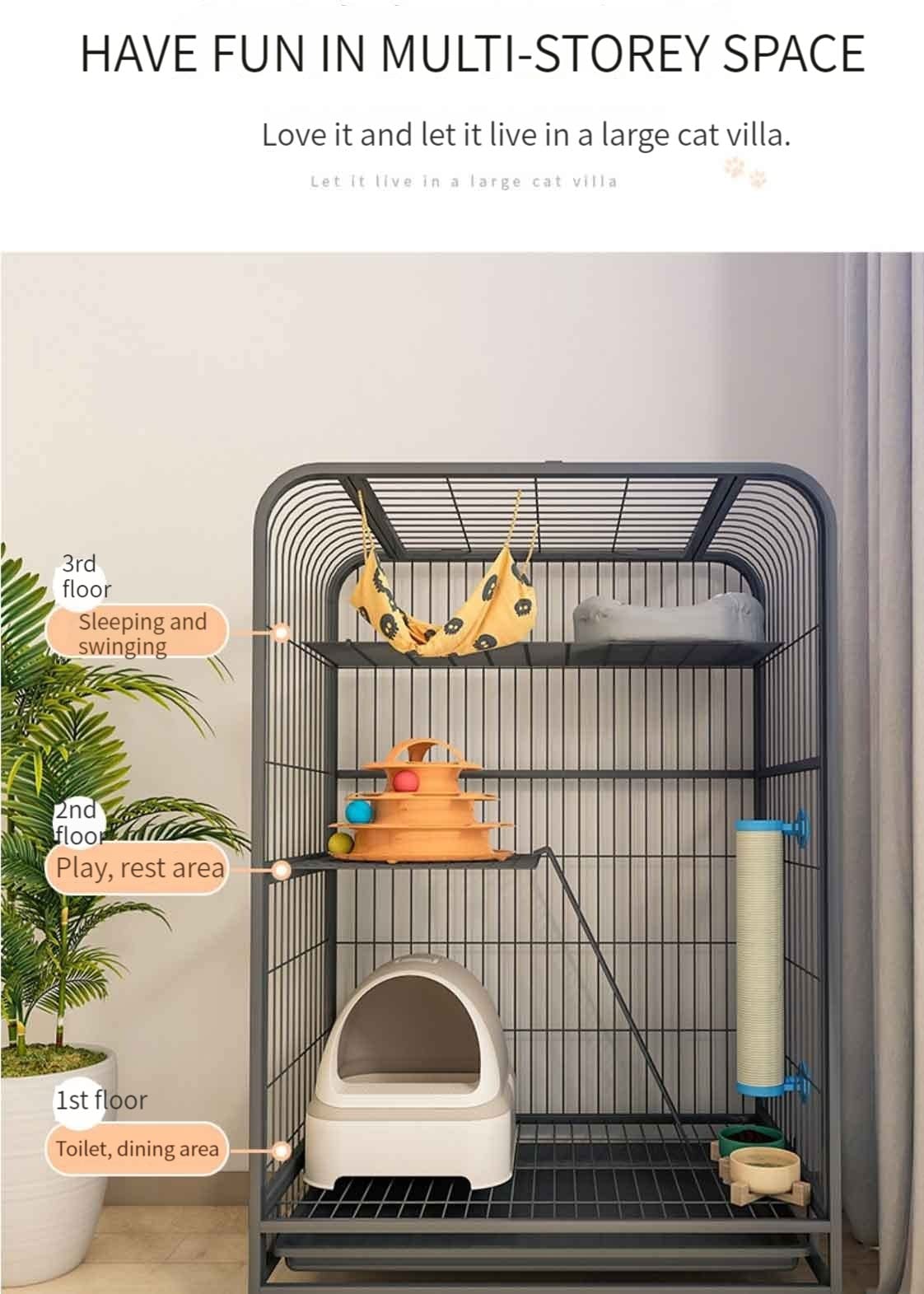Jaulas para Gatos Jaula Grande para Mascotas Parque para Gatos Extra Grande Desmontable, Corrales para Gatos con Bandeja extraíble y Rueda Universal/85 * 60 * 148 cm