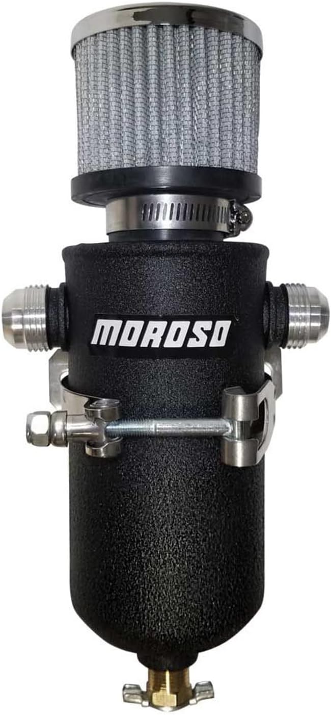 Moroso 85753 Black Powder Coated Aluminum Breather Tank Catch Can, 1 Qt, Dual 12AN Male Fittings