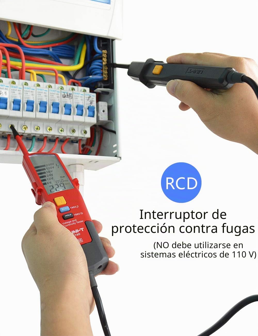 UT18D Comprobador de Tensión de Rango Automático, Impermeable Probador de Voltaje con Medición de Tensión CA/CC y Función de Prueba de Secuencia de Fases, Rango voltaje 12V~690V