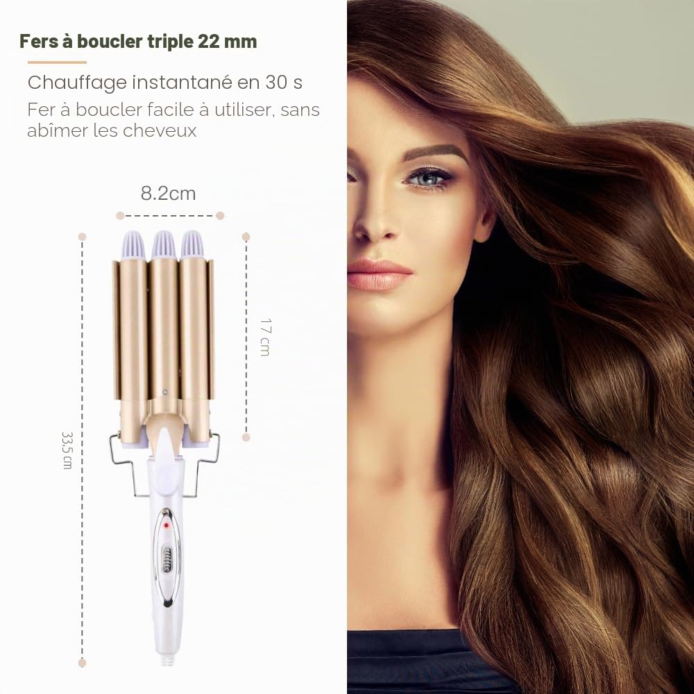 Boucleur à cheveux à 3 barils grandes ondulations, Reyke fer ondulé 22 mm avec température réglable, chauffage rapide, grande ondulation pour cheveux longs/courts, outil de coiffage des cheveux