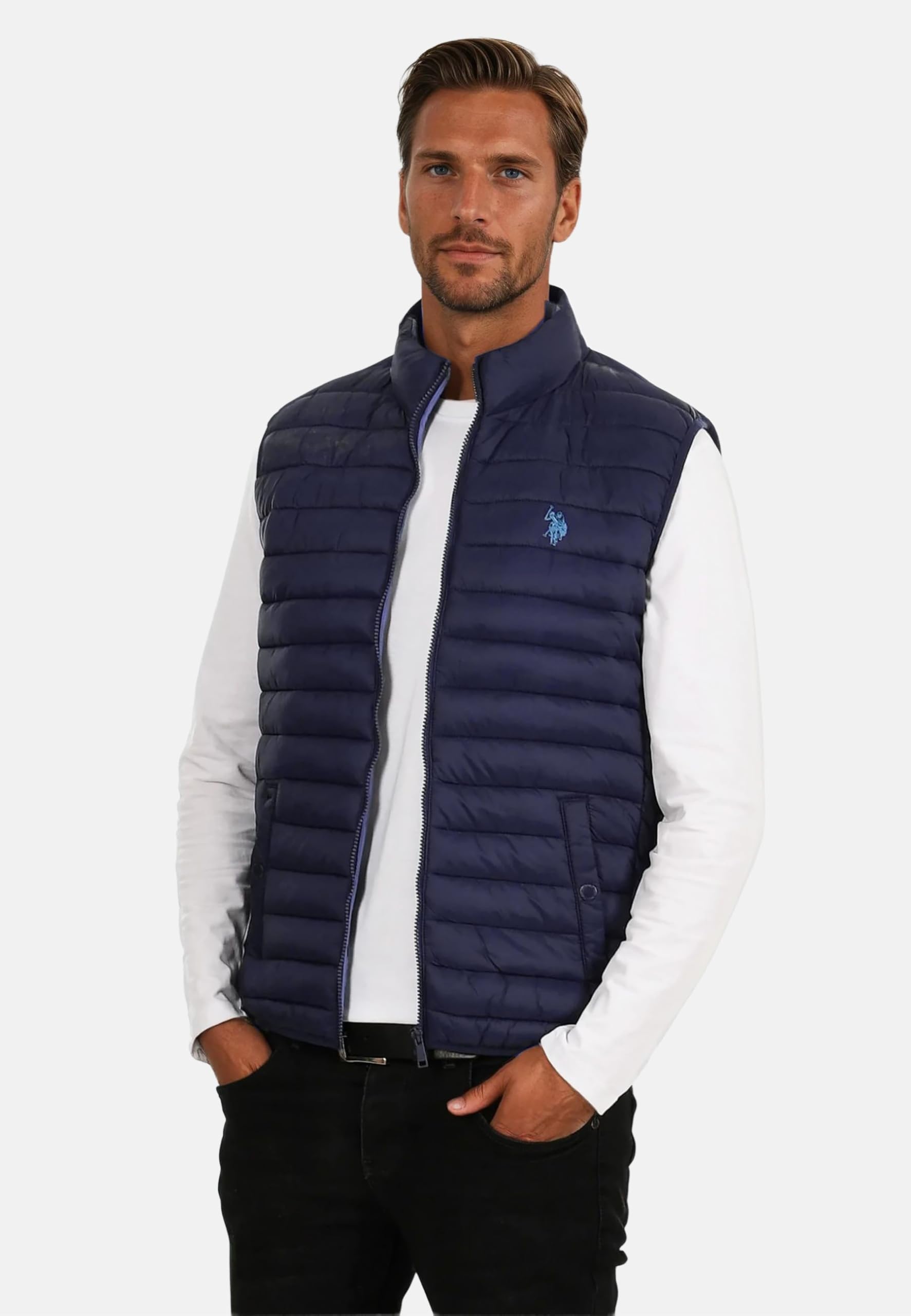 U.S. POLO ASSN. Herren Weste (S-XXL) gesteppt mit hochstehendem Kragen und Druckknopftaschen - P025