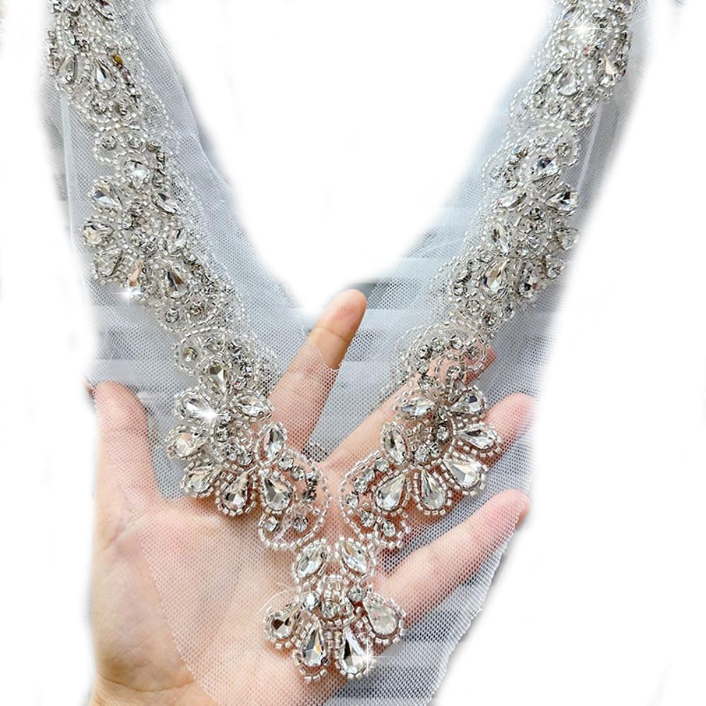 Handmade Crystal Patches Sew-on Rhinestones Applique,Sparkle Beaded V-Neck Sew On Neckline,Sequins Beads Applique Crystals Patches(A)